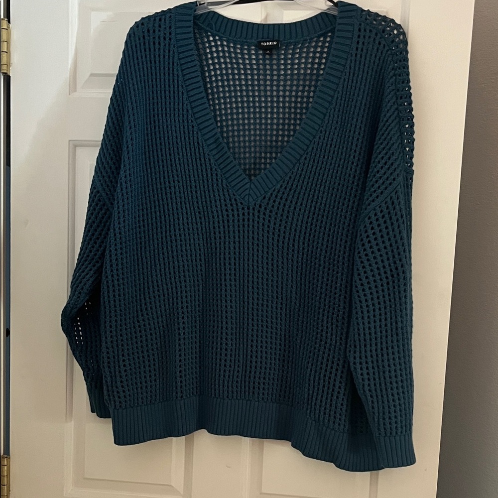 Torrid Deep Teal V-Neck Sweater Open Stitch Size 3